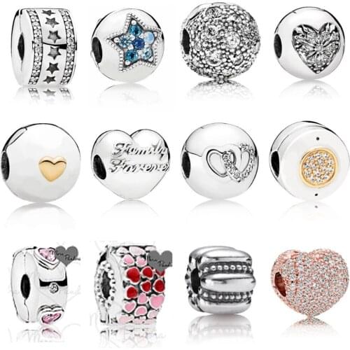 NEW 100% 925 Sterling Silver Signature Safety Clip Original charm Bead Clear Fit Bracelet DIY bangle Jewelry Birthday Gift