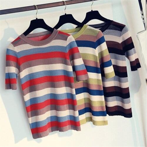 2018 New Fashion Women O-neck Color Striped T-Shirts Summer Slim Female Short Sleeve Tees Ladies Basic Tees Tops BottomingsWZ224
