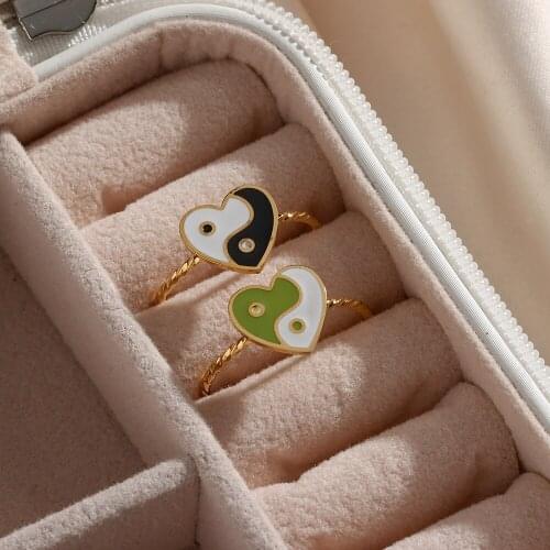 2021 New Ladies Cute Heart Enamel Black Green Yinyang Pattern Heart Shape Ring Stainless Steel 18K Gold Plated Adjustable Ring