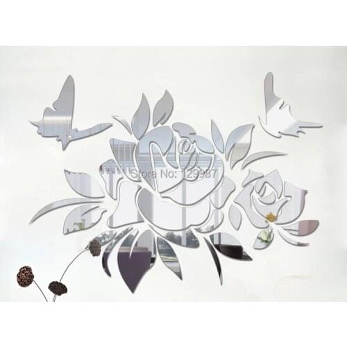 New style 77x57cm rose flower and butterfly wall mirror sticker decoration , 3D decorative mirror sticker for tv bedroom