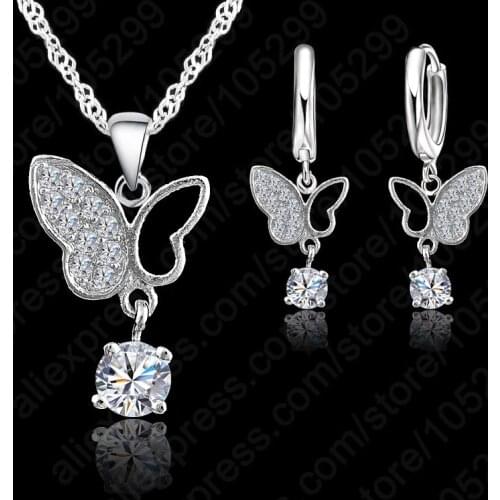 CZ Zircon Lovely Animal Butterfly Pendant Necklaces Drop Earrings 925 Sterling Silver Wedding Jewelry Sets Girls Birthday Gift