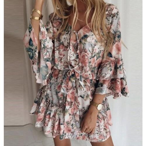 Casual Loose Floral Print Mini Dress Woman Autumn Fashion Flare Sleeve V-neck Dresses Women Ruffles Lace Up Clothing Robe Femme