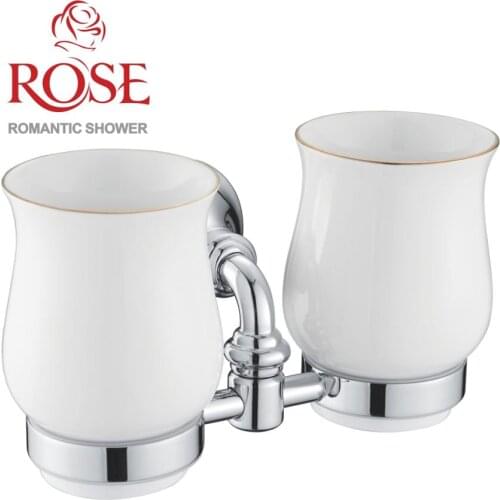 ROSE Cup Holder double, brass holder and 2 ceramic cup, wall mounted cup holder bathroom, ceramic cups for toothbrushes and water,brass holder,chrome plated holder RG1222