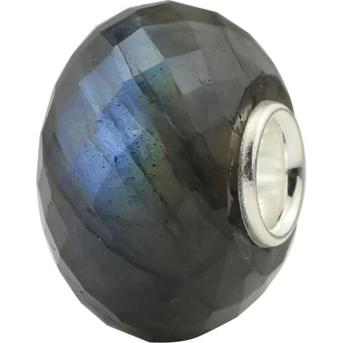 925 Sterling Silver 3.6mm Core Hole Faceted Natural Labradorite Stone Charm Bead Fits European Bracelet Jewelry