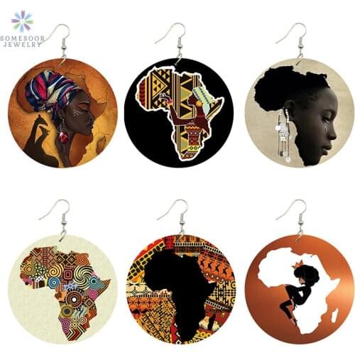 SOMESOOR New Arrival African Map Wood Ethnic Earrings Jewelry Afro Tears Headwrap Woman Black Queen Vintage Painted Ear Jewelry