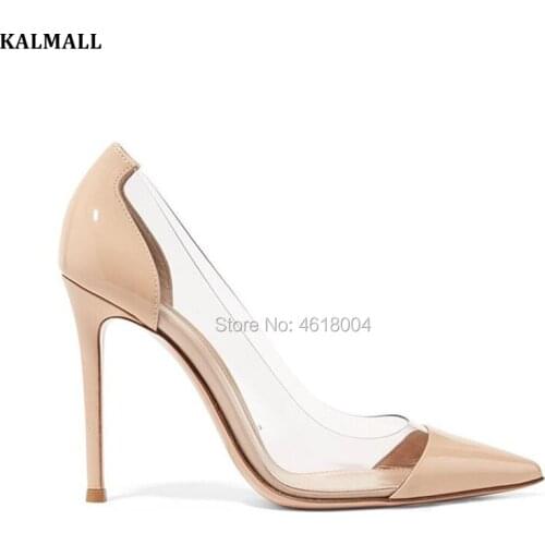 KALMALL Sexy Women Party Heels Pointed Toe PVC Pumps Slip On Patchwork Lucite Shoes Women Plexi Jelly Heels Dress Pumps Lady