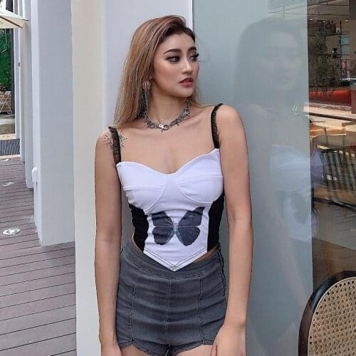Women Y2k Butterfly Printed Bra Tops 2021 Summer Lace Strap Sleeveless Sexy White Crop Top Tee Female Sexy Short Camis Shirt