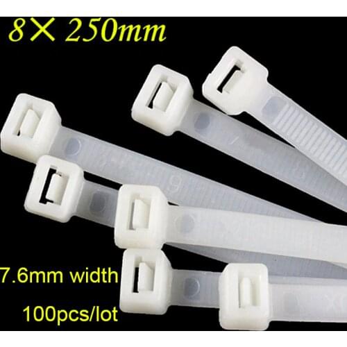 100pcs 8*250mm White Black Nylon 66 Network Electric Wire String Zip Fastener Self-Locking Plastic Cable Tie (7.6mm Width)