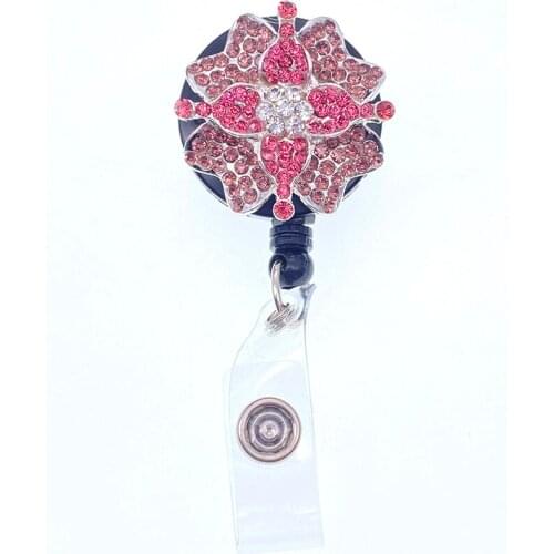 20pcs Rose Color Rhinestone Crystal Flower Retractable ID Badge Reel Holder