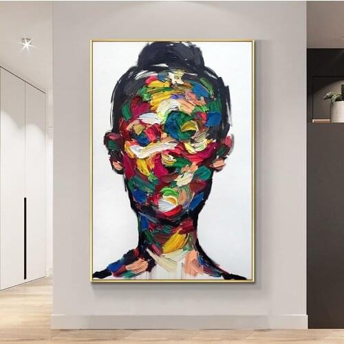 Abstract Colorful Girl Face Painting Handmade Oil Painting On Canvas Hand Painted Figure Wall Art Unframed For Living Room Decor