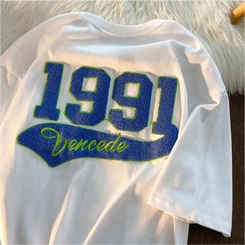 90s American Vintage Letter Embroidery T Shirts O-neck Loose Summer Plus Size Women Fashion Tops Teens Clothes Korean Fashion