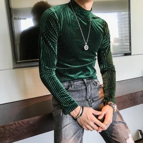 Velvet Turtleneck T-Shirt Fall Winter Slim Striped Casual T-Shirt Men Long Sleeve Tight T-Shirt Club Costume
