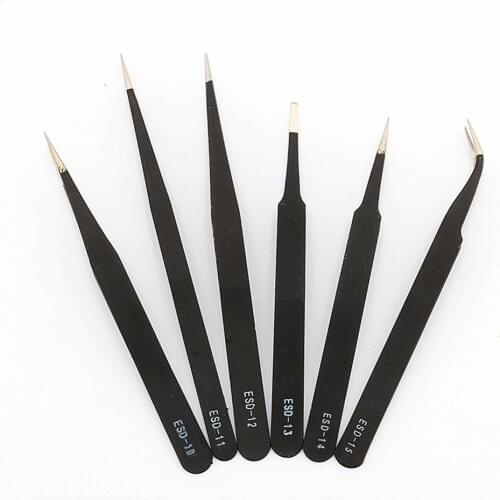 6pcs/set Safe Anti-static Tweezers Diy Tweezers ESD Electrician Tools Set Maint Repair Hand Tool