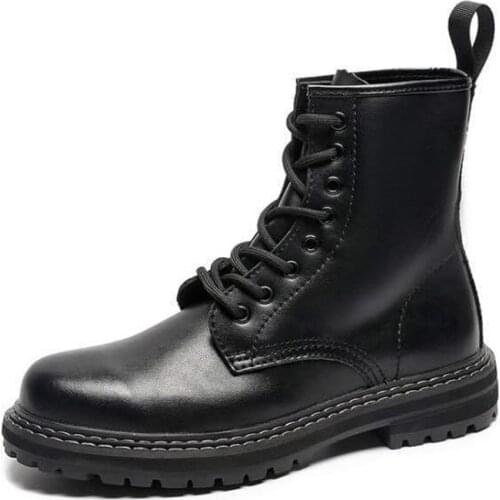 New Black Boots Mens Korean Version Fashion Student All-match Mid-Top Boots Mens Waterproof High-Top Leather Shoes