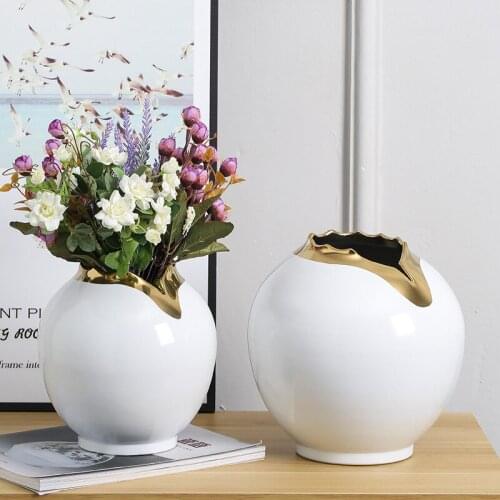 Home TV Cabinet Wine Decoration Ceramic Gold White Round Vase Flower Insert Creative Art Gold Plating Display