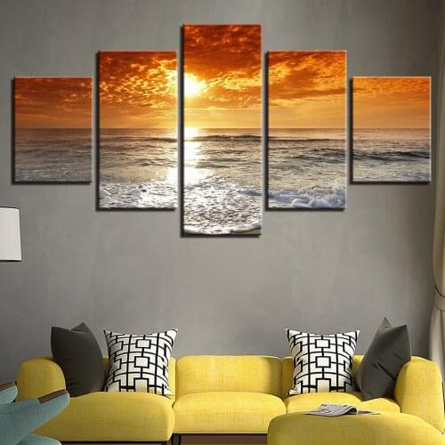 HD Canvas Art Painting For Living Room Wall Decor 5 Pieces flaming cloud Sea Sunset Picture Beautiful Landscape