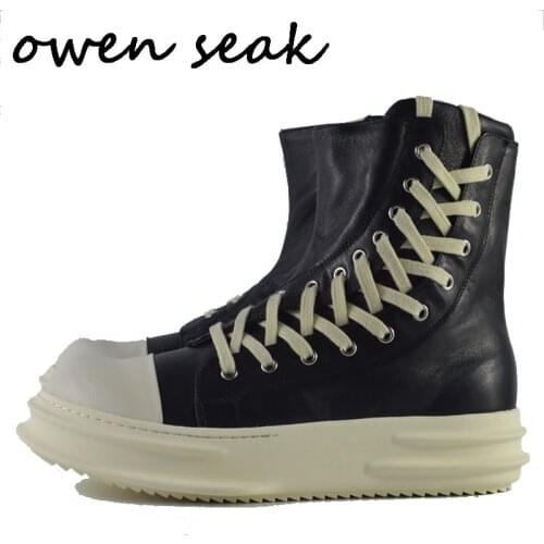 20ss Owen Seak Men Shoes High-TOP Ankle Boots Genuine Leather Sneakers Luxury High Street Casual Lace-up Zip Flats Black Shoes