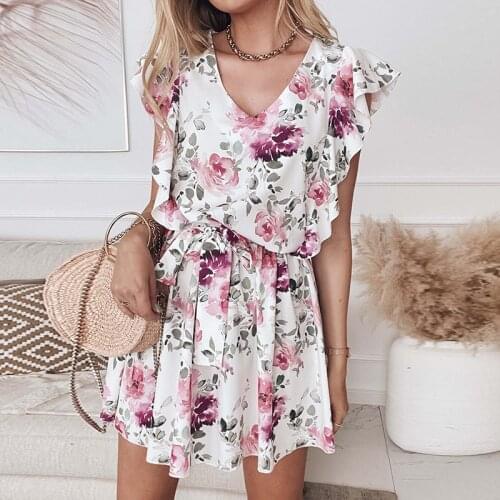 Summer V Neck Ruffle Floral Dress Women Butterfly Sleeve A Line Flower Print Dress 2021 New Casual Short Holiday Sundress Boho