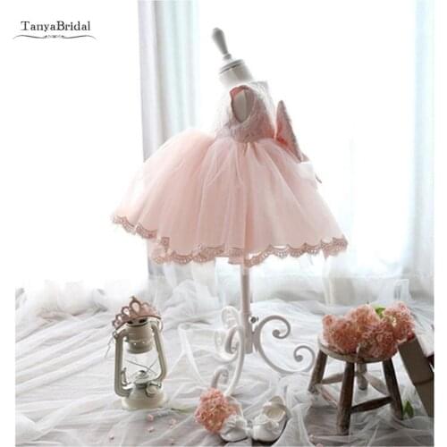 Lovely Flower Girl Dresses Lace Ruffle Soft Tulle Ball Gown With Bow For Wedding Party Guest Communion Dresses Vestido XF003