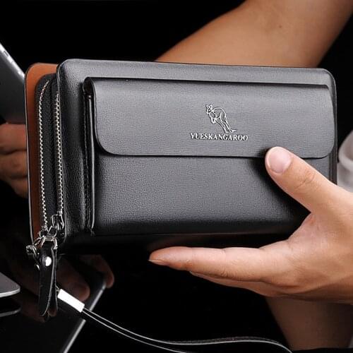 YUESKANGAROO Men Clutch Bag Fashion Long Purse Double Zipper Business Wallet Male Casual Bag Black