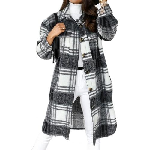 Coat Women Autumn Winter Women Plaid Buttons Long Sleeve Lapel Jacket Knee-length Overcoat