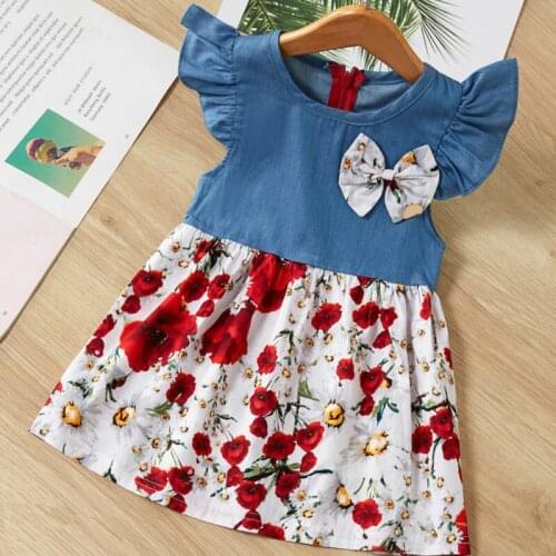 Baby Girl Dress 2020 Summer Cotton New Girl Flying Sleeve Denim Stitching Dress Cotton Lace Childrens Princess Dress
