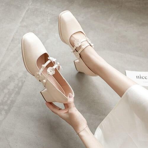 Mary Jane womens shoes Spring thick heel flowers French style mid heels women Pumps luxury designer apricot ladies shoes