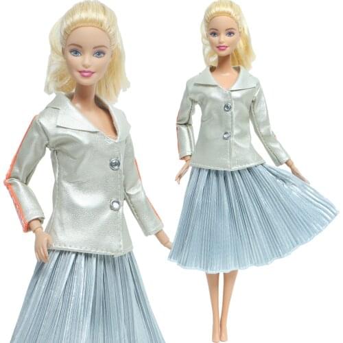High Quality Doll Outfits Coat Blouse Pleated Skirt Dress Party Wear Silver Color Clothes for Barbie Doll Accessories Kids Toys