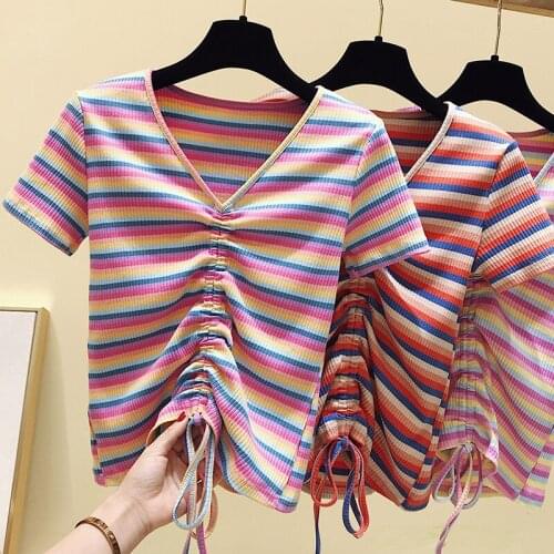 Gkfnmt 2020 New Sexy Deep V-Neck Rainbow Striped T Shirt Women Summer TShirt Short Sleeve Women Tops Tee Shirt Femme