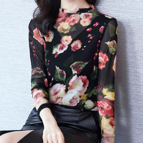 Half-height Collar Mesh Print Flower Women Tops Summer 2021 Elastic Slim T-Shirt Sexy Long Sleeve Casual Bottoming Shirt Tees
