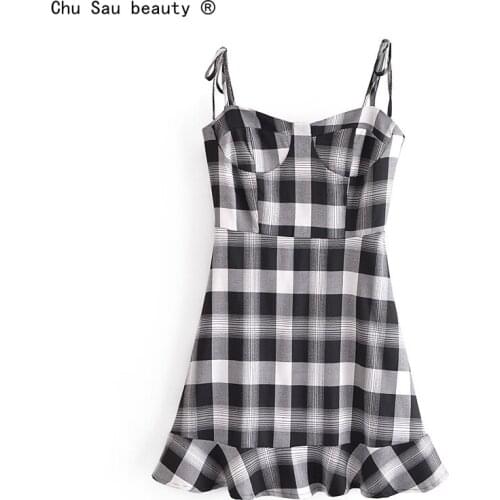 2021 Summer Fashion Black And White Plaid Wrap Chest Spaghetti Strap High Waist Slim Ruffle Dress Women Chic Vestido
