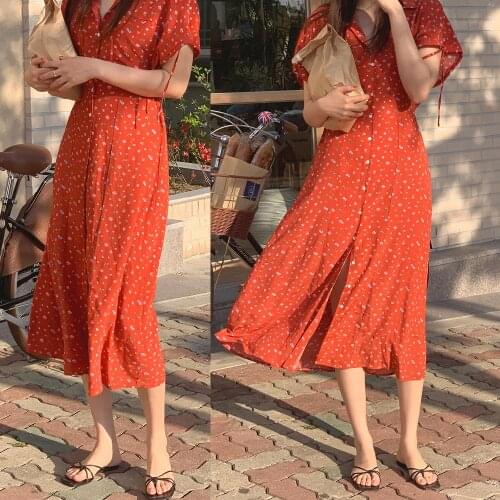 French Style Vintage Red Floral Dress Women Summer Robe Lapel Single-Breasted Short Sleeve Chiffon Dress Female Vestidos