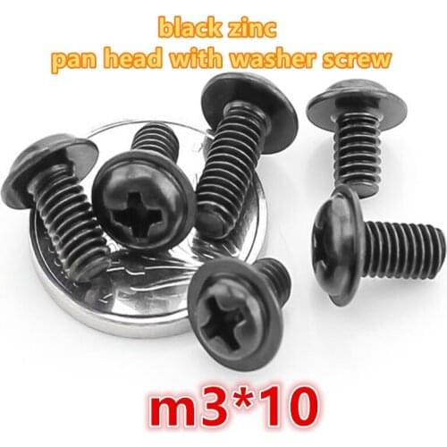 500pcs m3*10 carbon steel with black zinc plated phillip pan / round head with washer electronic screw computer screw