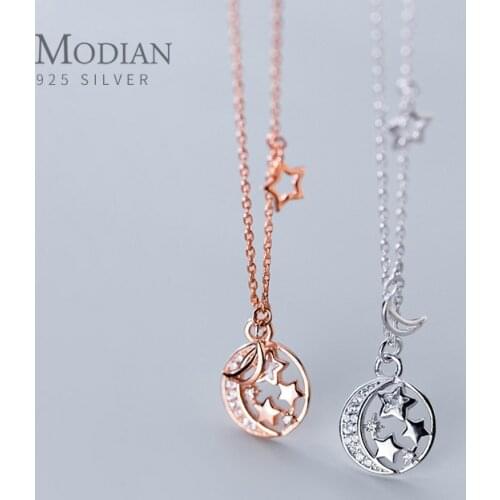 Modian New Sparkling CZ Lovely Star Moon Round Sterling Silver 925 Pendant Necklace for Women Link Chain Original Fine Jewelry