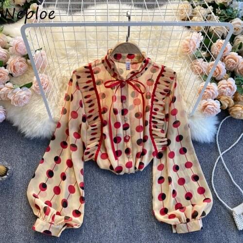 Neploe O Neck Lace Up Bow Design Elegant Blouse Women Pleat Wooden Ear Patch Long Sleeve Chiffon Shirt Spring 2021 Loose Blouse