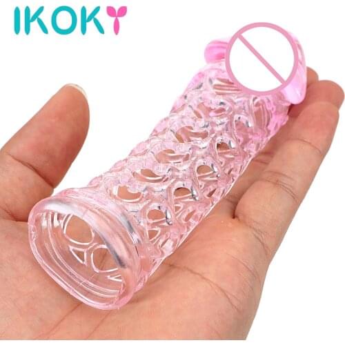 IKOKY Silicone Reusable Condom Cock Ring Sex toys for Men Male Penis Sleeve Delay Ejaculation Full Cover Penis Ring