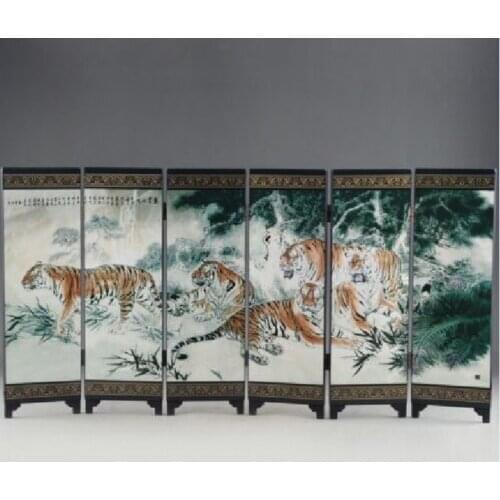 CHINESE LACQUER OLD HANDWORK PAINTED FIVE BLESSING TIGER "SIX FOLD SCREEN DECO"