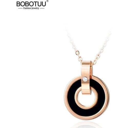BOBOTUU Classic Acrylic Double Circle Pendant Necklaces Rose Gold Color Stainless Steel Exquisite Jewelry For Women BN17036