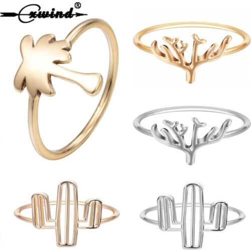 Cxwind Fashion Plant Tropical Palm Tree Branch Rings For Women Girl Finger Knuckle Gold Wave Cactus Coconut Tree Ring Bijoux