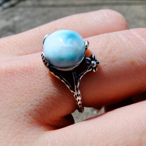 Antique Designs Round 10mm Natural Larimar Flower Ring 925 Sterling Silver engagement Wedding Rings For Gift