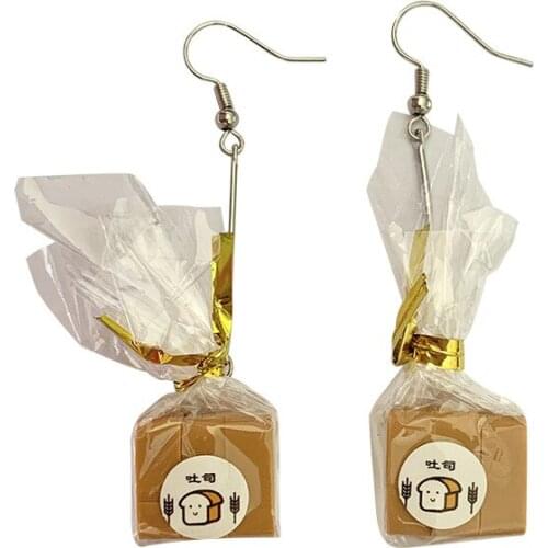 Korean fashion earrings creative toast bread bag earrings personality temperament long food earrings women jewelry