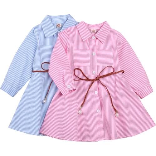 2021 2-7Y Summer Kids Baby Girls Shirt Dress Spring Casual Clothes Striped Print Button Long Sleeve Dress With Belt