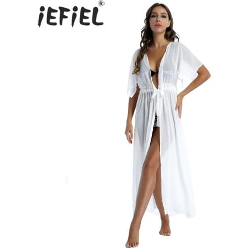 Summer Women Cardigan Belted Maxi Dress Chiffon Cover Ups with Drawstring Open Front Bikini Swimwear Nightwear for Beach Party