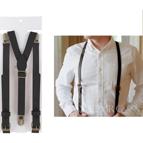 British Style 3 Clips Mens Suspenders Vintage Adjustable Cowhide Cowboy Genuine Leather Suspender Bronze Clips Strap Pant Braces