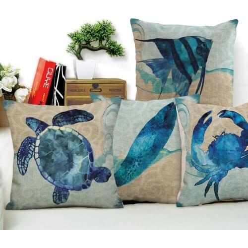 Blue Marine Turtle Octopus Sea Horse Jellyfish Pattern Throw Pillow Case Square Cotton Linen Seat Cushion Cover Case