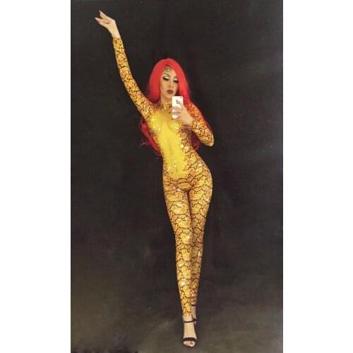 Super Flash Golden Yellow Rhinestones Diamond Jumpsuits Leotard Elastic Sexy Rompers Nightclub Bar Dancer DJ Pole Dance Costumes
