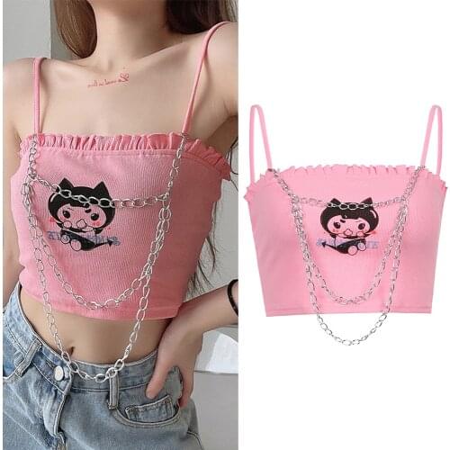 Cartoon Printed Y2k Adogirl Camisole Sexy Chain Sleeveless Blouse Corset Crop Tops Women 2021 Cute Pink Skinny Tank Tops