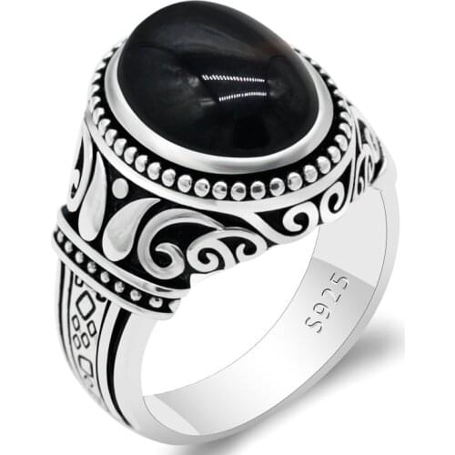 Turkish Black Aqeeq Ring 925 Sterling Silver Men Ring with Natural Stone Vintage Punk Jewelry to Husband Wife Anniversary Gift