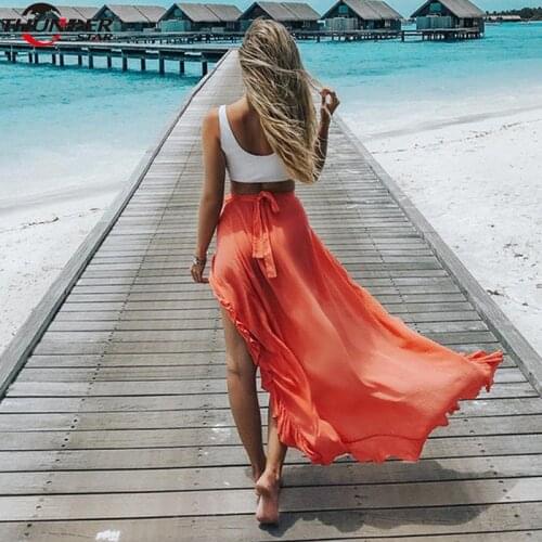 Vintage Solid Long Skirts Women Summer Beach Maxi Skirt 2018 New Fashion Boho Sexy Asymmetrical Skirt High Quality