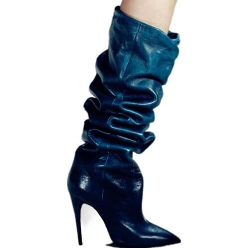 2018 New Fashion Pleated Leather Women Sexy Knee High Boots Pointy Toe Ladies High Heel Boots Knight Style Stiletto Boots Size42